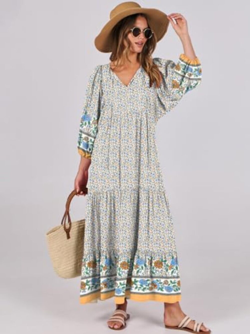 🆕 Womens Boho Maxi Dresses Summer V Neck Puff Sleeve Floral Flowy Swing Fall - Picture 2 of 6